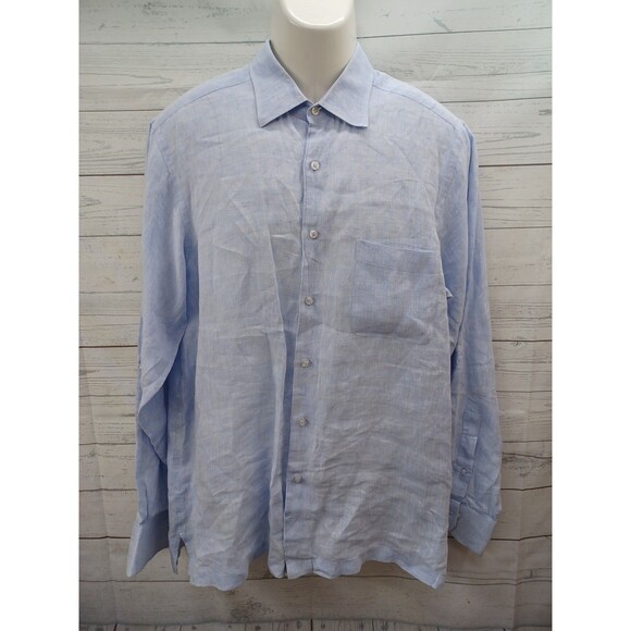Inserch Collezione Blue 100% Linen Shirt Sz L Button Up Short Sleeve Mens - Picture 1 of 10